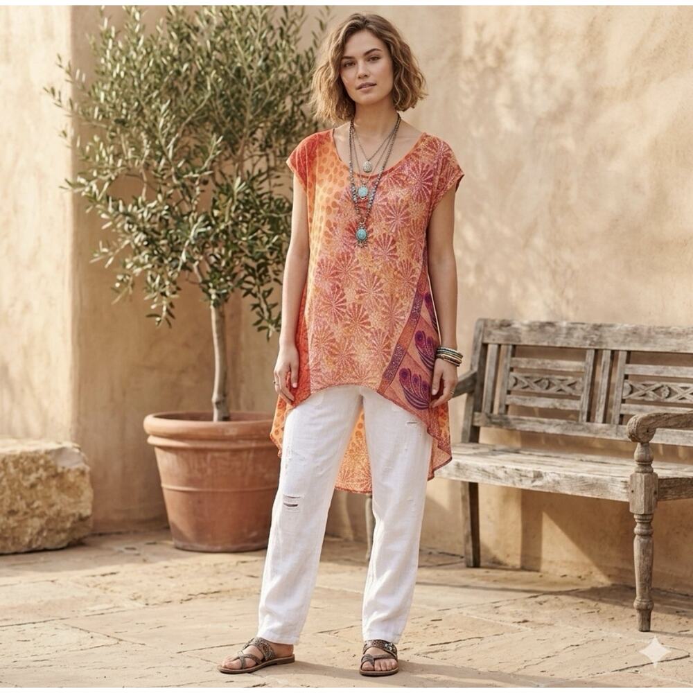 Indie Ella Silk Tunic Top Women’s M/L Orange Paisley Mixed Print High Low Boho